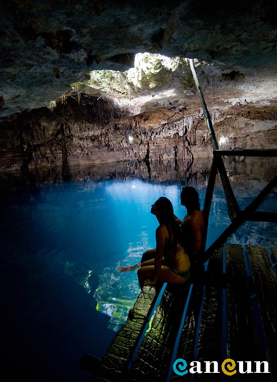 an underwater sinkhole at the Xenotes Oasis Maya, Cancun, Mexico