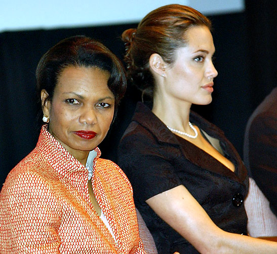 Angelina Jolie and Condoleezza Rice at a World Refugee Day event