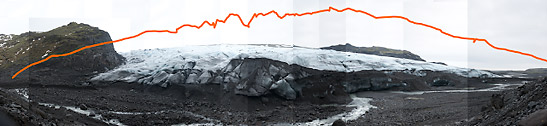 Solheim Glacier in 2009 with red line showing the glacier's outline in 2006