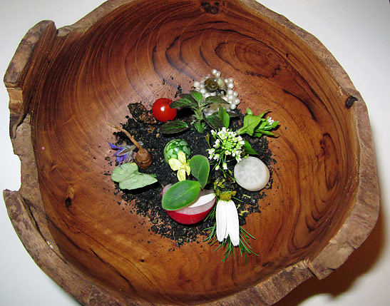 Arabelle's unique Garden Salad with radishes, tomatoes, avocados, edible flowers, and snails