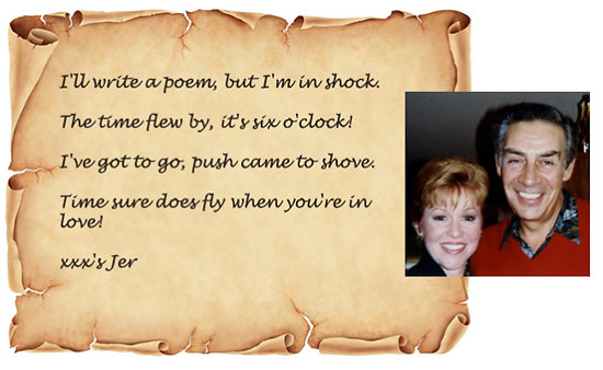 left: a poem by Jerry Orbach for his wife Elaine; inset: Jerry and Elaine Orbach