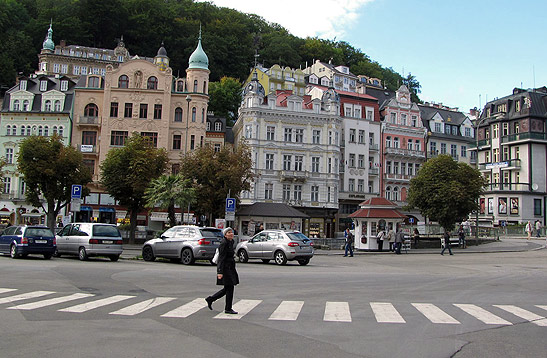 street scene in the spa town of Karlovy Vary in West Bohemia, Czech Republic