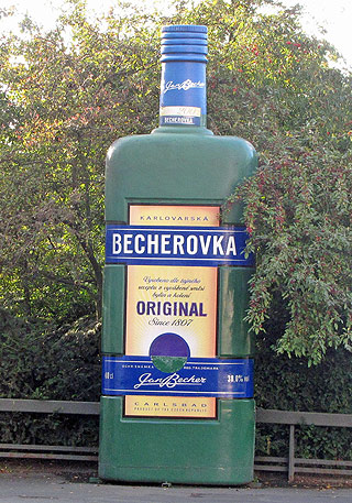 giant bottle just before the entrance to Becherovka Museum of Liqueur Factory