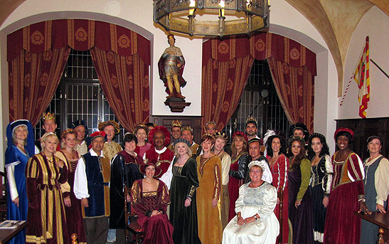 group of journalists and travel agents in costume for a Renaissance dinner at the Hotel Ruze, Cesky Krumlov
