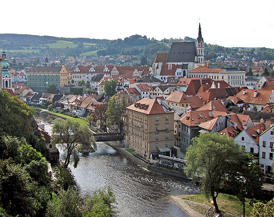 a view of Prague with the Vltava River in the foreground