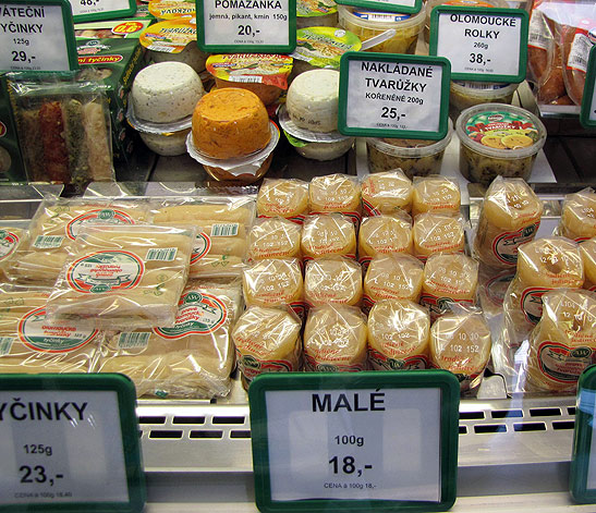 a variety of cheese for sale at the town of Olomouc, Moravia