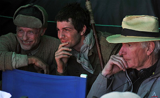 Ed Harris, Jim Sturgess and director Peter Weir at the shooting of the movie The Way Back