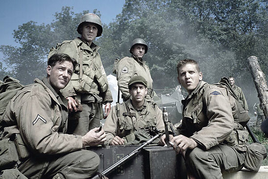 Tom Hanks' squad including Edward Burns in a scene from the movie Saving Private Ryan