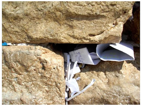 notes containing prayers and wishes inserted into a crack at the Western Wall