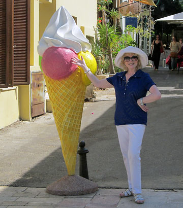 writer with giant ice cream cone replica at Carmel