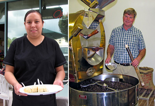 left: Yolanda Vega serves corn tamales at LA Fuente; right: Kent explains the roasting process at Ojai Coffee Roasitng House