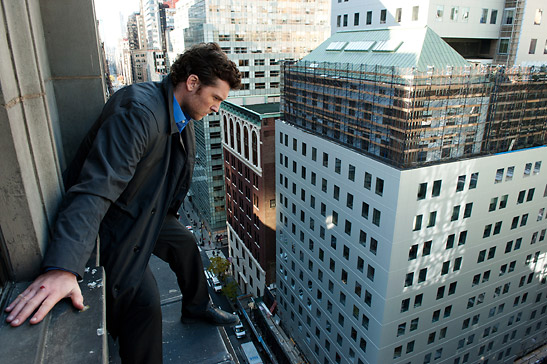 Sam Worthington as Nick Cassidy on a ledge in a scene from the movie 'Man on a Ledge'