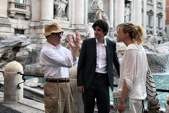 Woody Allen sets up a shot with Flavio Parenti and Alison Pill