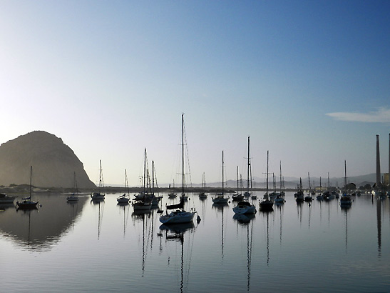 Morro Bay Rock and harbor in fading light, Central Coast, California