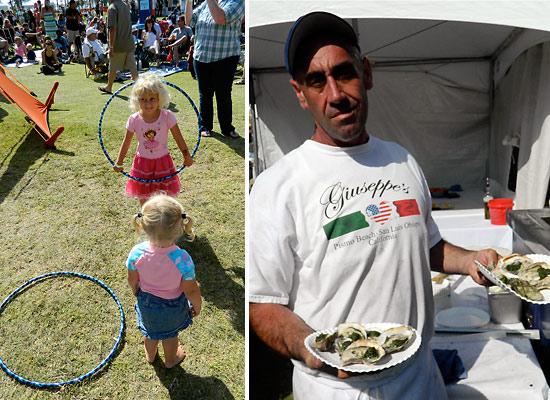 left: children with hula hoops; right: Chef Giuseppe DiFronzo of Giuseppe's with plates of oysters