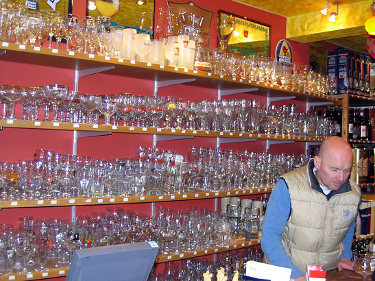 shelves of beer glasses, Bruges, Belgium