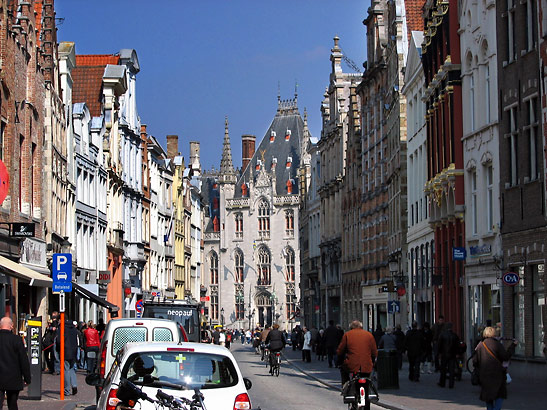 crowded street scene in Bruges, Flanders, Belgium