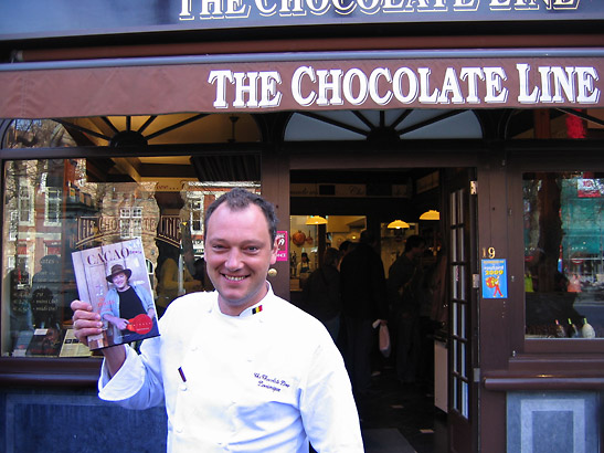 experimental chef Dominique Persoone in front of The Chocolate Line, Bruges