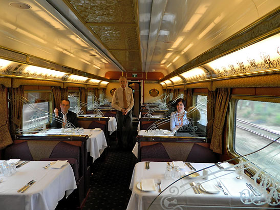 the elegant Queen Adelaide dining car at an Indian Pacific train