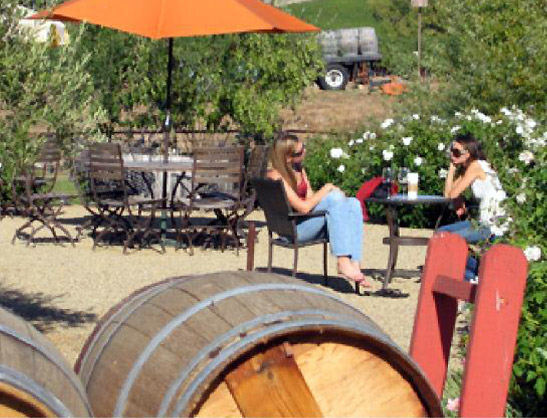 guests relaxing at the dining area of the Reynolds Family Winery with barrels of wine in the foreground