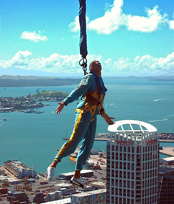 SkyJumper taking a free dive from the top of the Sky Tower, the highest building in Auckland, New Zealand