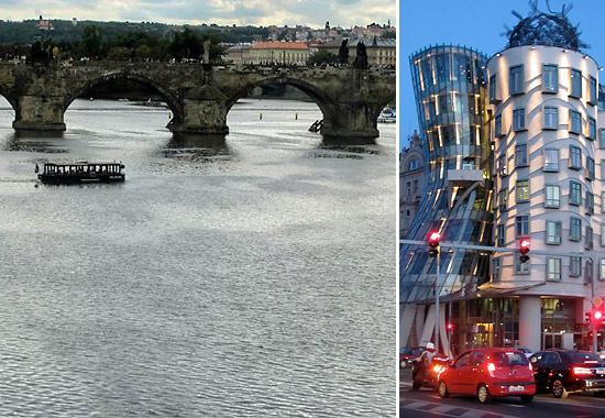 left: the Charles Bridge; right: the Ginger and Fred Dancing Houses