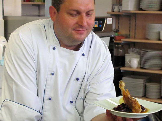 the Czech Republic's top chef Vaclav Fric with his dish of crispy skin duck on jellied red cabbage and chewy dumplings