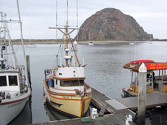 boats moored on the harbor of Morro Bay with Morro rock in the background
