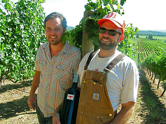 Winemakers Jake Hawkes and Jeremy Spring at their Cabernet Sauvignon vineyard