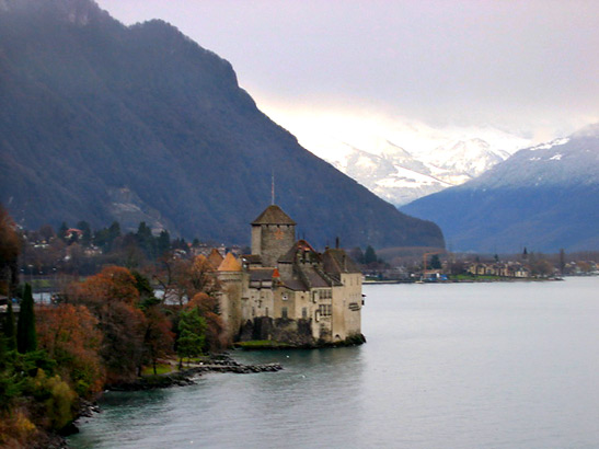 Chateau de Chillon by Lake Geneva near Montreux; the Alps are in the background