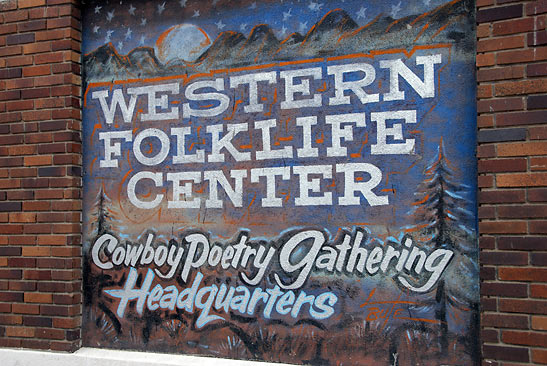 sign for the headquarters of the National Cowboy Poetry Gathering, Elko
