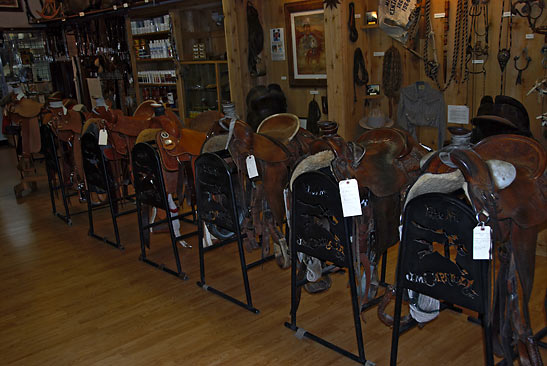 horse saddles on display, Elko