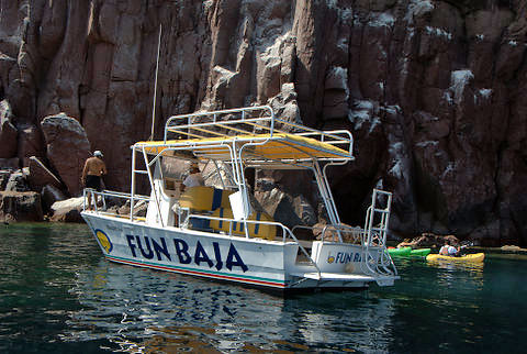 Fun Baja boat at an island on the Sea of Cortez