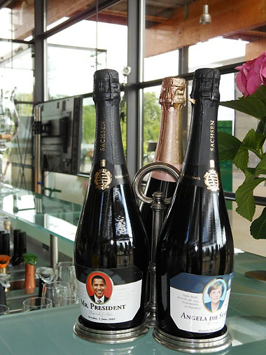 Wackerbarth sekt bottles honoring Presdent Obama and Chancellor Merkel
