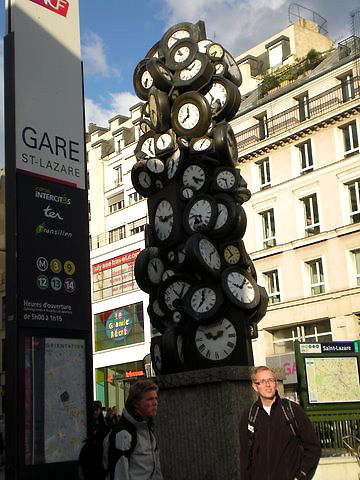 clock sculpture outside Gare St. Lazare, Paris