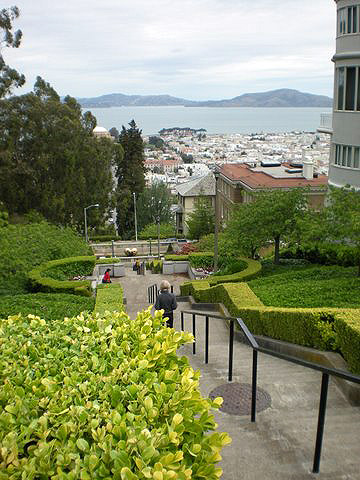 the Lyon Street steps with a view of the Bsy in the background, Pacific Heights district, San Francisco