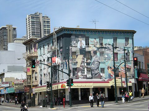 mural on building at the corner of Broadway and Columbus Streets, North Beach, San Francisco