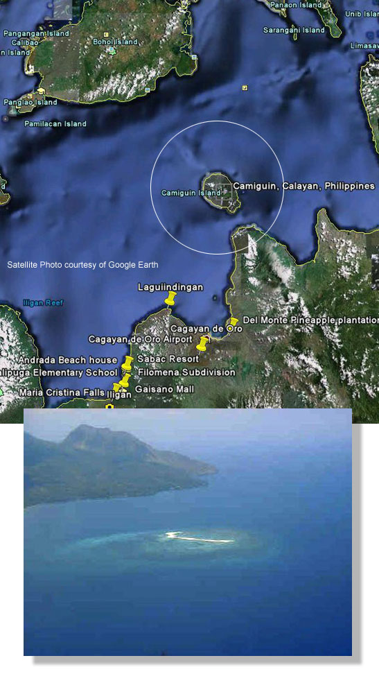 location map and aerial view of Camiguin Island with white sandbar in the foreground, Philippines