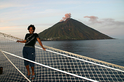 Royal Clipper crew member with Stromboli in the background