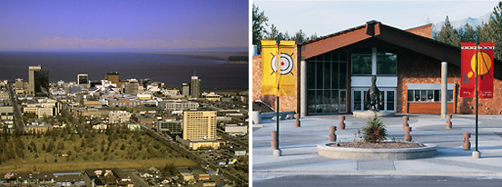 left: the Anchorage downtown skyline; right: the Alaska National Heritage Center in Anchorage
