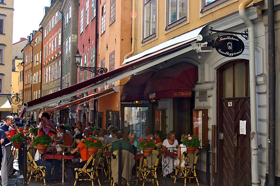 restaurants along a treet in Old Town Stockholm