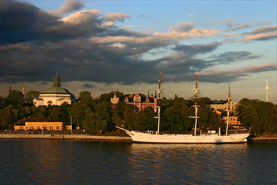 sunset view of sailing ship docked at Stockholm, Sweden