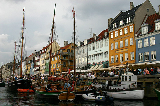 boats moored at the Kongens Nytorv with 17th century houses in the background