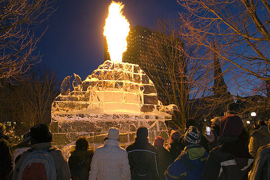 ice carvings on display at night, Rogers Crystal Garden, Ottawa