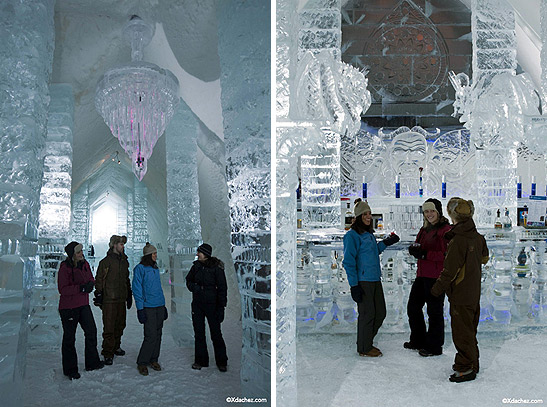 visitors inside the Hôtel de Glace, the only ice hotel in the Americas