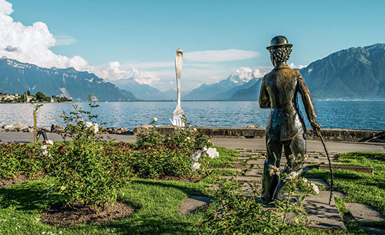 Charlie Chaplin statue on the shores of Lake Geneva in Vevey