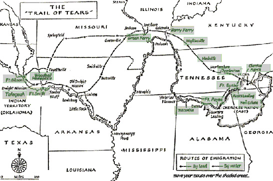 map showing the Trail of Tears, a forced march of the Cherokees and other Native American tribes to present-day Oklahoma