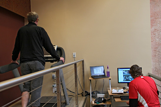 writer going through a foot/gait analysis at the Canyon Ranch Healthy Feet Center