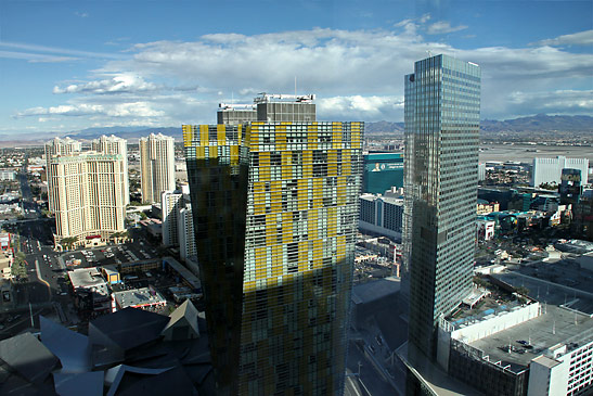 view of the Las Vegas Skyline from a top floor room at the Aria