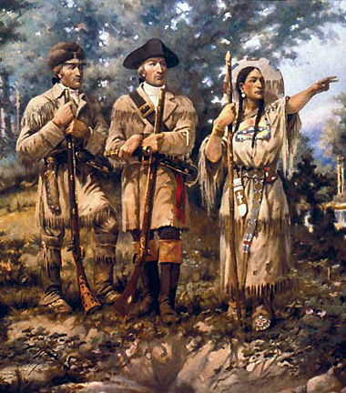 Lewis and Clark with Sacagawea, detail from Lewis and Clark at Three Forks, oil painting by Edgar Samuel Paxson